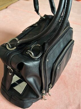 Franco Sarto Vintage Y2K Style Black Leather Satchel with Silver Hardware